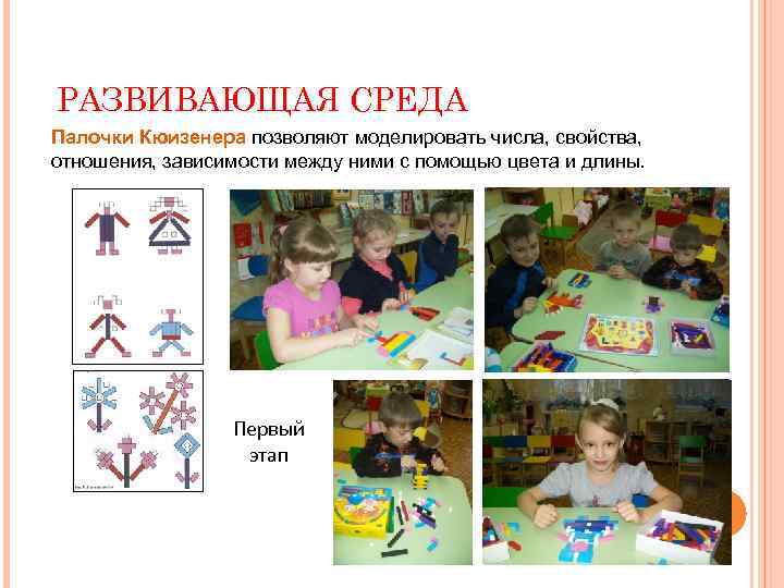 РАЗВИВАЮЩАЯ СРЕДА Палочки Кюизенера позволяют моделировать числа, свойства, отношения, зависимости между ними с помощью