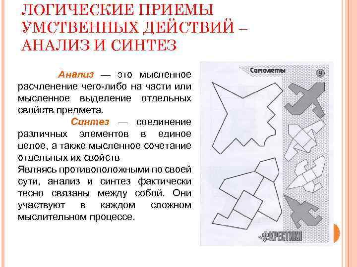 ЛОГИЧЕСКИЕ ПРИЕМЫ УМСТВЕННЫХ ДЕЙСТВИЙ – АНАЛИЗ И СИНТЕЗ Анализ — это мысленное расчленение чего-либо
