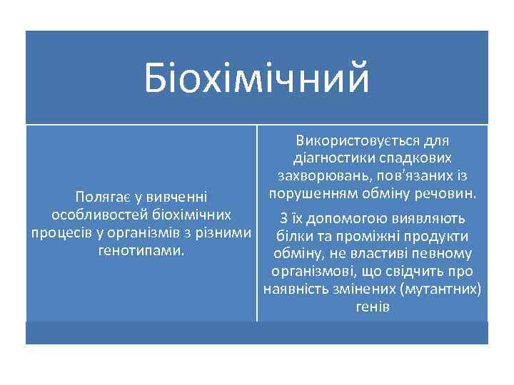 Біохімічний Використовується для діагностики спадкових захворювань, пов’язаних із порушенням обміну речовин. Полягає у вивченні