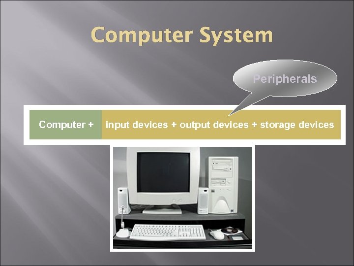 Computer System Peripherals Computer + input devices + output devices + storage devices 