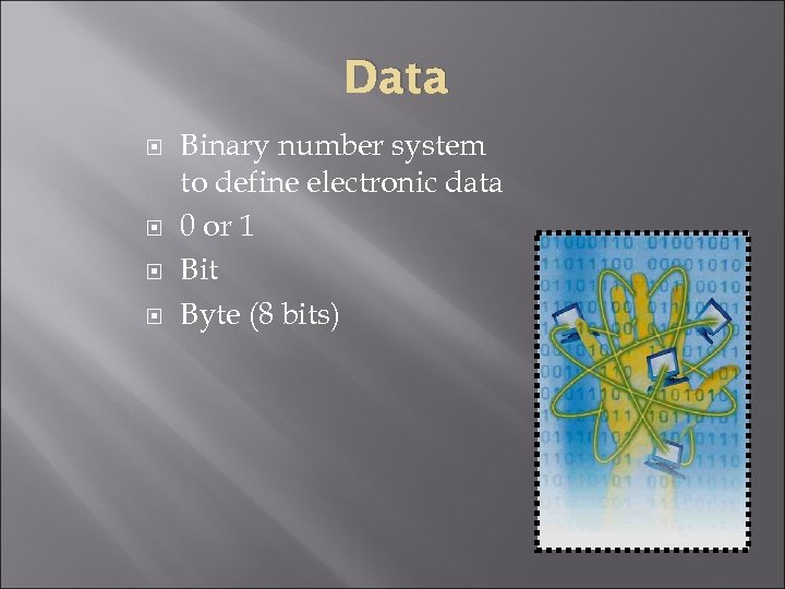 Data Binary number system to define electronic data 0 or 1 Bit Byte (8