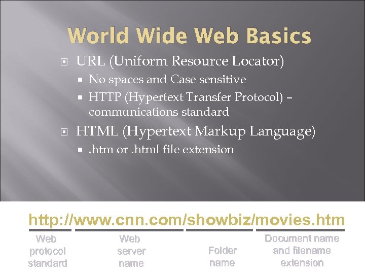 World Wide Web Basics URL (Uniform Resource Locator) No spaces and Case sensitive HTTP