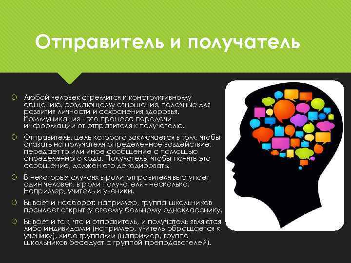 Отправитель и получатель Любой человек стремится к конструктивному общению, создающему отношения, полезные для развития