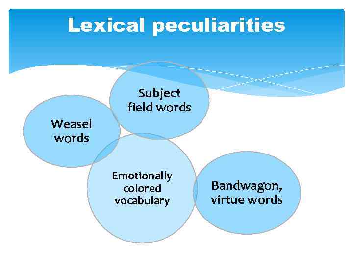 Lexical peculiarities Subject field words Weasel words Emotionally colored vocabulary Bandwagon, virtue words 