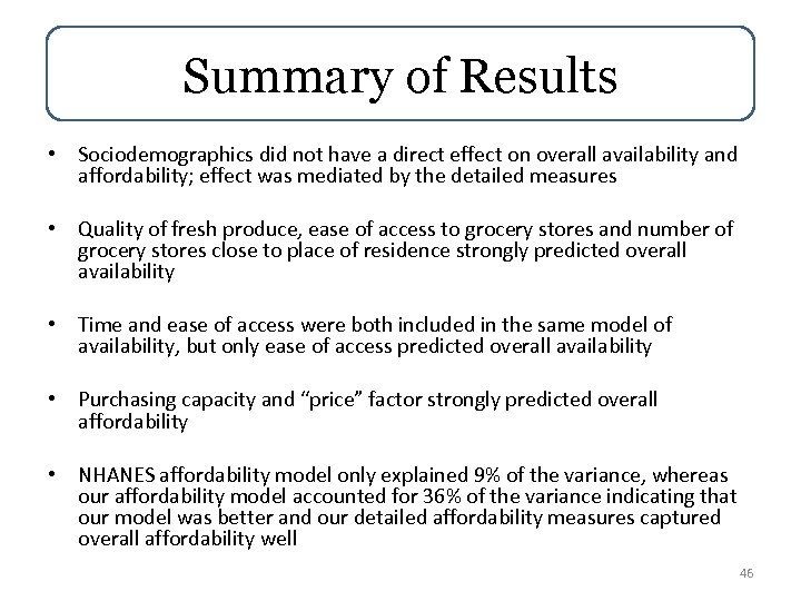 Summary of Results • Sociodemographics did not have a direct effect on overall availability