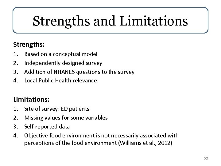 Strengths and Limitations Strengths: 1. 2. 3. 4. Based on a conceptual model Independently