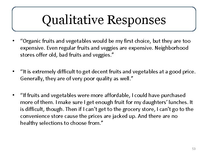 Qualitative Responses • “Organic fruits and vegetables would be my first choice, but they