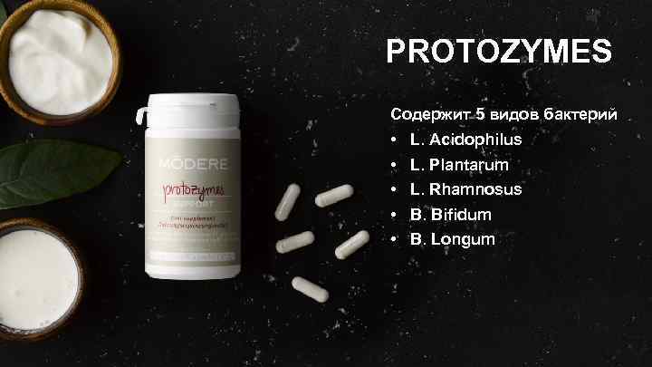 PROTOZYMES Содержит 5 видов бактерий • • • L. Acidophilus L. Plantarum L. Rhamnosus