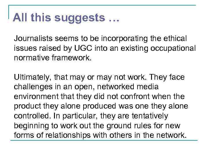 All this suggests … Journalists seems to be incorporating the ethical issues raised by