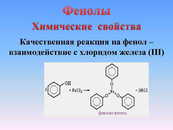 Фенолы Химические свойства Качественная реакция на фенол – взаимодействие с хлоридом железа (III) 