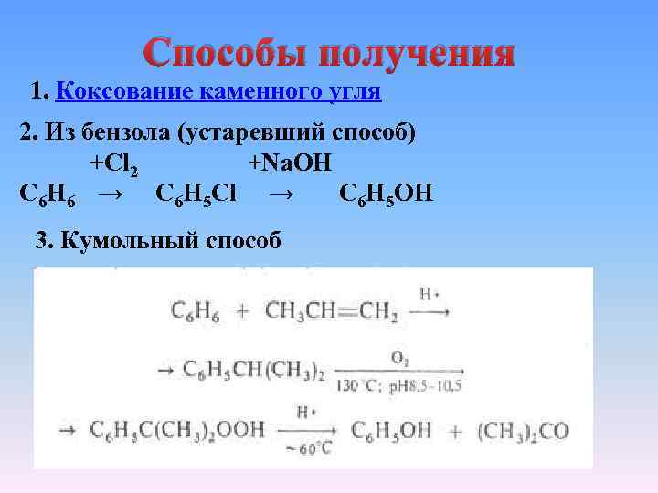 Способы получения 1. Коксование каменного угля 2. Из бензола (устаревший способ) +Cl 2 +Na.