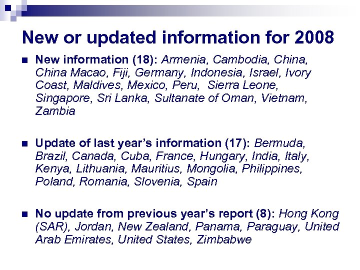 New or updated information for 2008 n New information (18): Armenia, Cambodia, China Macao,