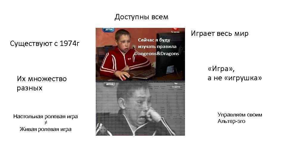 Доступны всем Существуют с 1974 г Их множество разных Настольная ролевая игра ≠ Живая