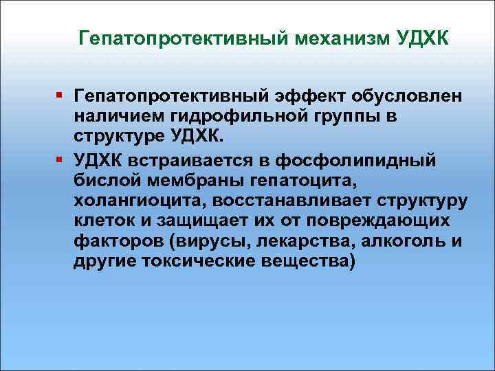 Гепатопротективный механизм УДХК § Гепатопротективный эффект обусловлен наличием гидрофильной группы в структуре УДХК. §
