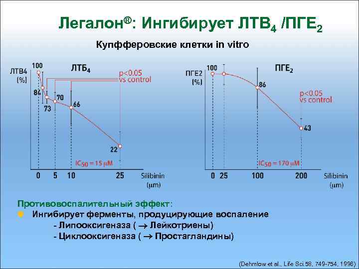 Легалон®: Ингибирует ЛТВ 4 /ПГЕ 2 Купфферовские клетки in vitro Противовоспалительный эффект: l Ингибирует