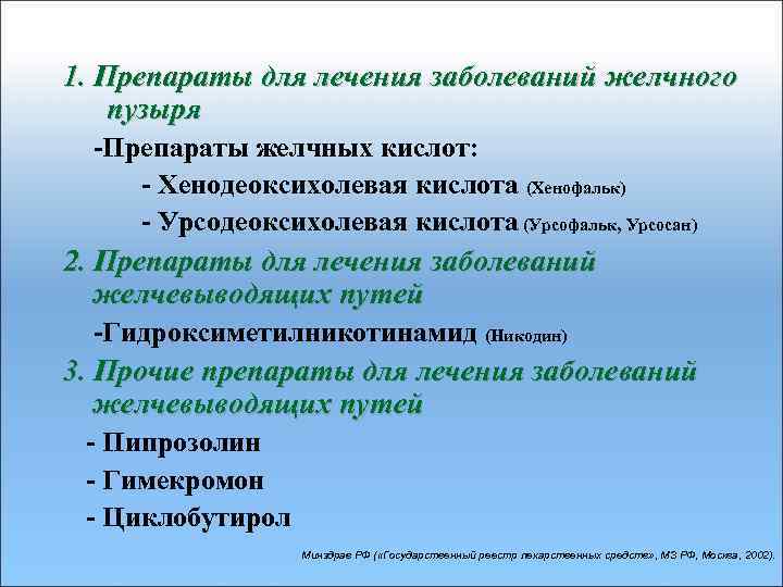 1. Препараты для лечения заболеваний желчного пузыря -Препараты желчных кислот: - Хенодеоксихолевая кислота (Хенофальк)