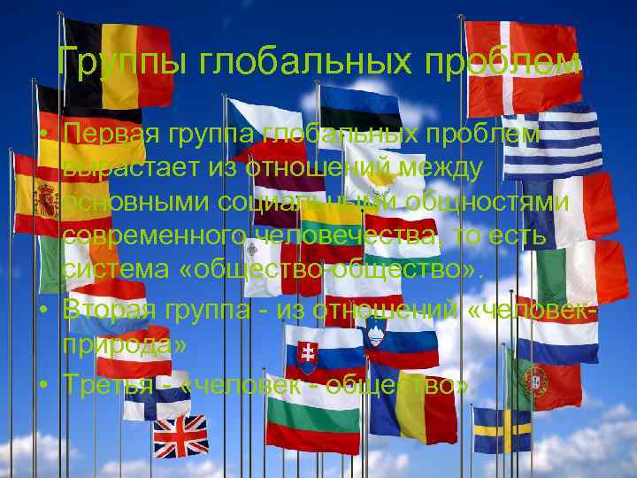 Группы глобальных проблем • Первая группа глобальных проблем вырастает из отношений между основными социальными