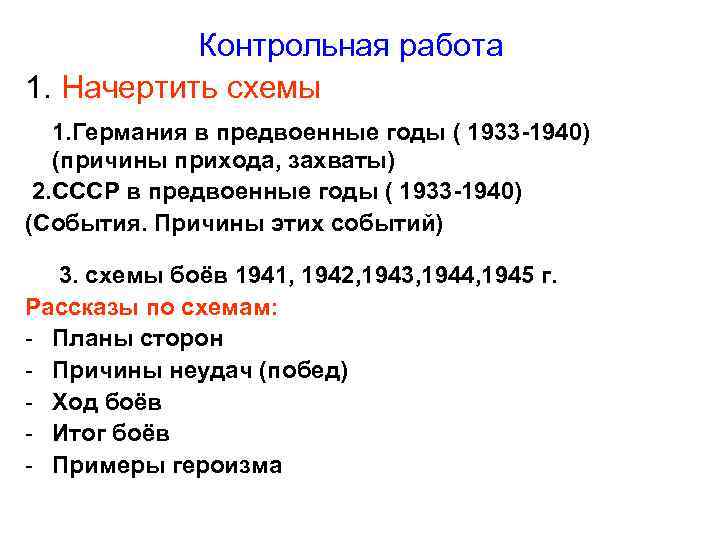 Контрольная работа 1. Начертить схемы 1. Германия в предвоенные годы ( 1933 -1940) (причины