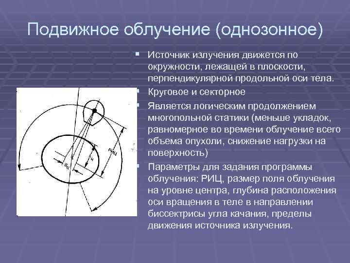 Подвижное облучение (однозонное) § Источник излучения движется по § § § окружности, лежащей в