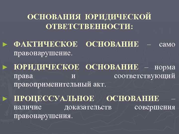 ОСНОВАНИЯ ЮРИДИЧЕСКОЙ ОТВЕТСТВЕННОСТИ: ► ФАКТИЧЕСКОЕ правонарушение. ОСНОВАНИЕ – само ► ЮРИДИЧЕСКОЕ ОСНОВАНИЕ – норма