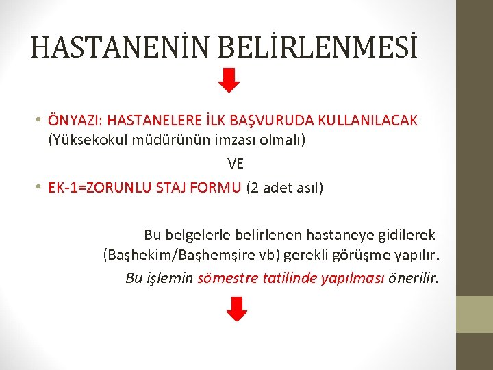 HASTANENİN BELİRLENMESİ • ÖNYAZI: HASTANELERE İLK BAŞVURUDA KULLANILACAK (Yüksekokul müdürünün imzası olmalı) VE •