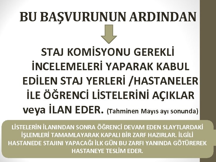 BU BAŞVURUNUN ARDINDAN STAJ KOMİSYONU GEREKLİ İNCELEMELERİ YAPARAK KABUL EDİLEN STAJ YERLERİ /HASTANELER İLE