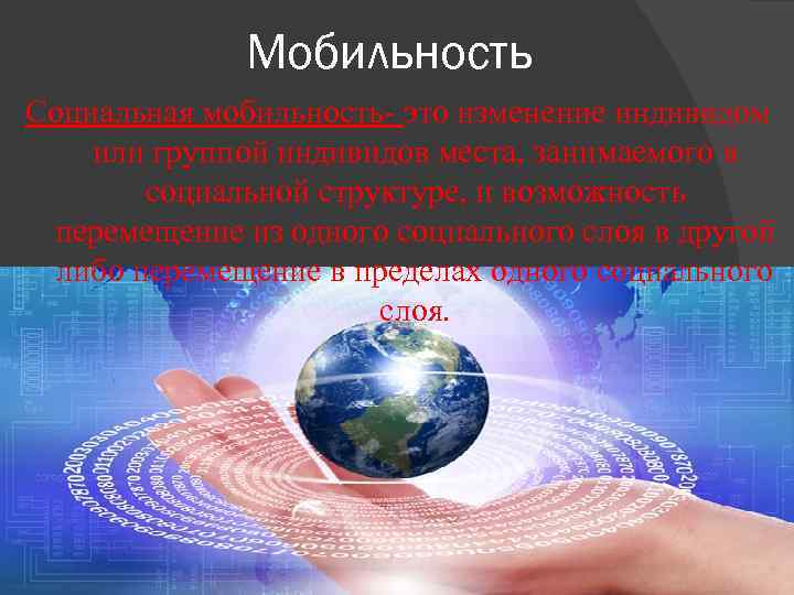 Мобильность Социальная мобильность- это изменение индивидом или группой индивидов места, занимаемого в социальной структуре,