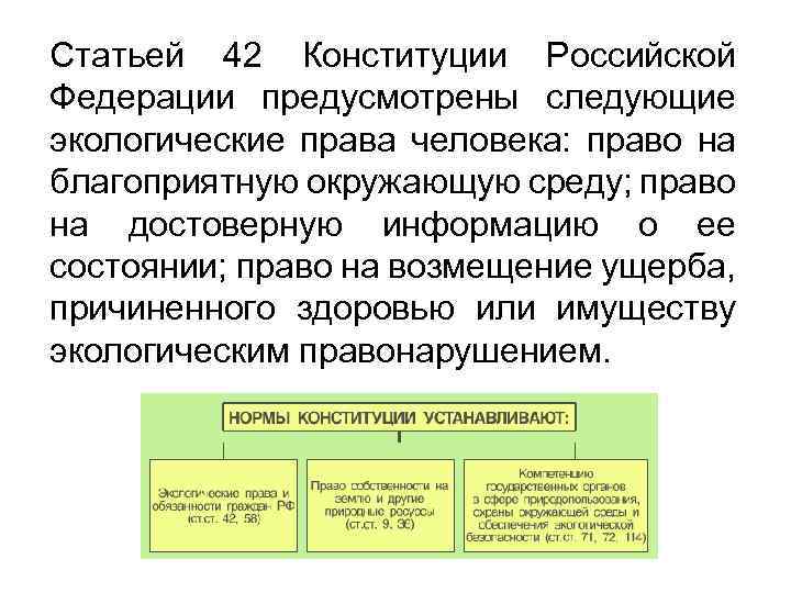 Статьей 42 Конституции Российской Федерации предусмотрены следующие экологические права человека: право на благоприятную окружающую