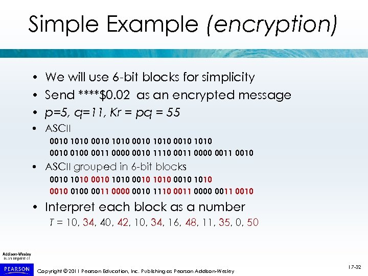 Simple Example (encryption) • We will use 6 -bit blocks for simplicity • Send