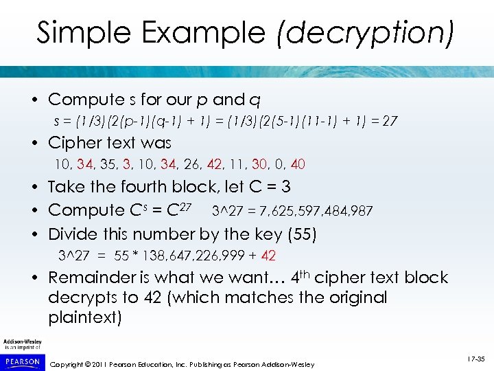 Simple Example (decryption) • Compute s for our p and q s = (1/3)(2(p-1)(q-1)