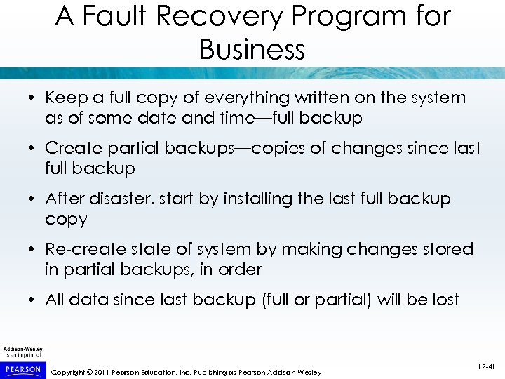 A Fault Recovery Program for Business • Keep a full copy of everything written