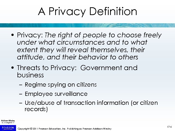 A Privacy Definition • Privacy: The right of people to choose freely under what