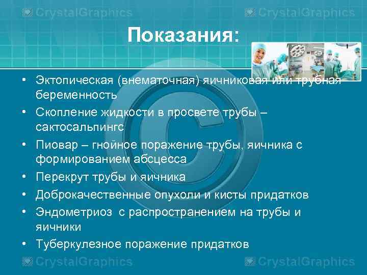 Показания: • Эктопическая (внематочная) яичниковая или трубная беременность • Скопление жидкости в просвете трубы