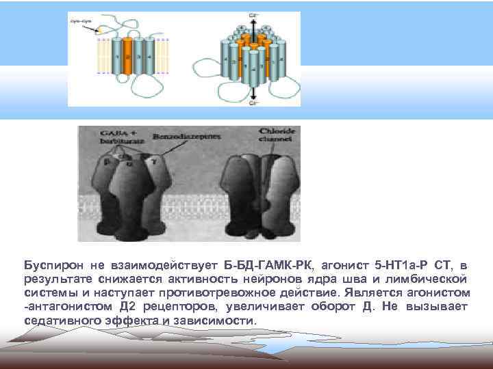 Буспирон не взаимодействует Б-БД-ГАМК-РК, агонист 5 -НТ 1 а-Р СТ, в результате снижается активность