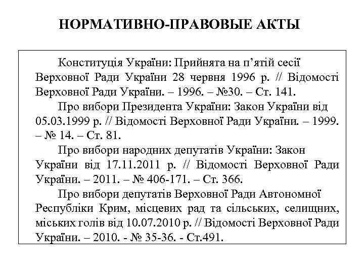 НОРМАТИВНО-ПРАВОВЫЕ АКТЫ Конституція України: Прийнята на п’ятій сесії Верховної Ради України 28 червня 1996
