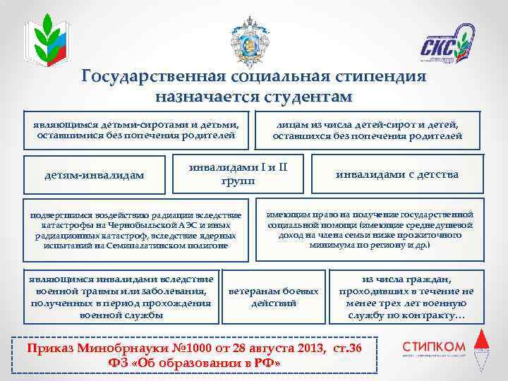 Государственная социальная стипендия назначается студентам являющимся детьми-сиротами и детьми, оставшимися без попечения родителей детям-инвалидам