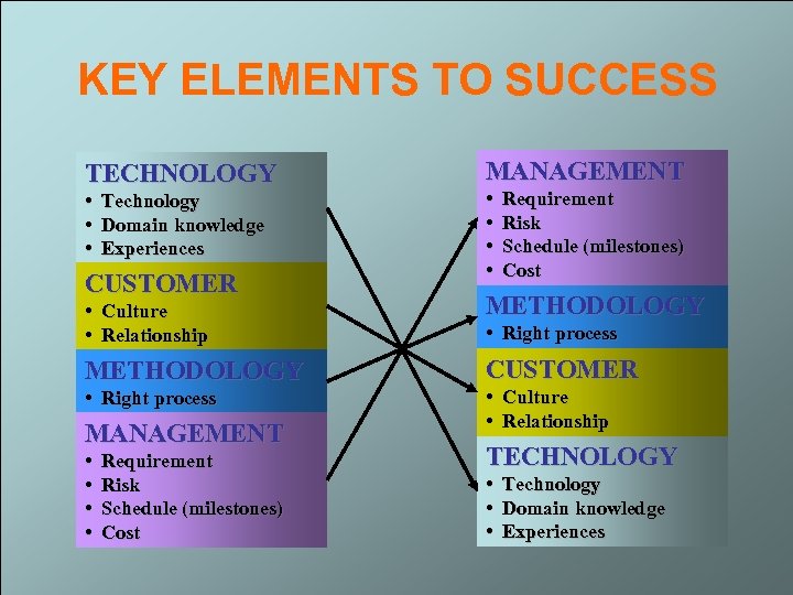 KEY ELEMENTS TO SUCCESS TECHNOLOGY • Technology • Domain knowledge • Experiences CUSTOMER MANAGEMENT