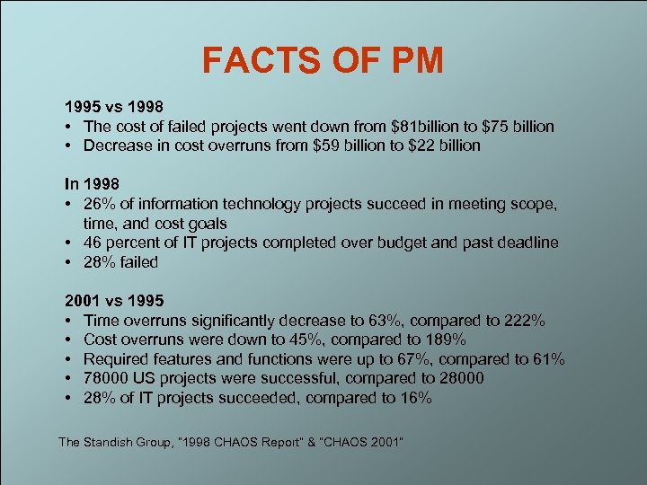 FACTS OF PM 1995 vs 1998 • The cost of failed projects went down