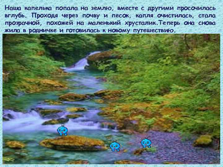Наша капелька попала на землю, вместе с другими просочилась вглубь. Проходя через почву и