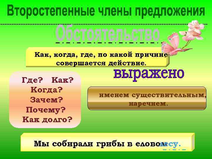 Как, когда, где, по какой причине совершается действие. Где? Как? Когда? Зачем? Почему? Как