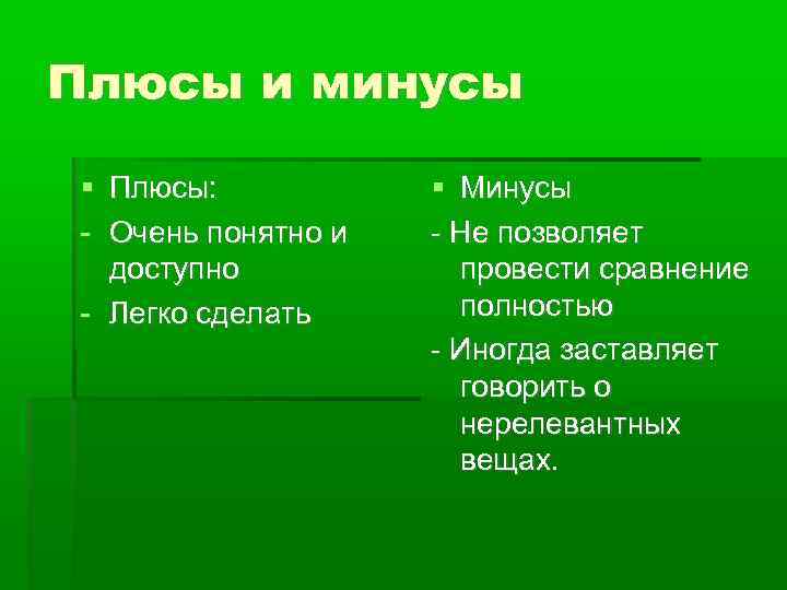 Плюсы и минусы Плюсы: - Очень понятно и доступно - Легко сделать Минусы -