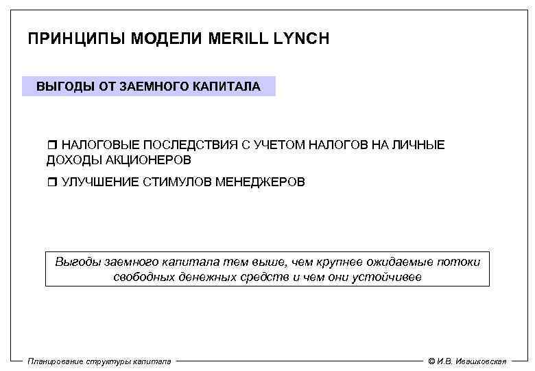 ПРИНЦИПЫ МОДЕЛИ MERILL LYNCH ВЫГОДЫ ОТ ЗАЕМНОГО КАПИТАЛА НАЛОГОВЫЕ ПОСЛЕДСТВИЯ С УЧЕТОМ НАЛОГОВ НА