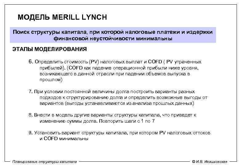 МОДЕЛЬ MERILL LYNCH Поиск структуры капитала, при которой налоговые платежи и издержки финансовой неустойчивости