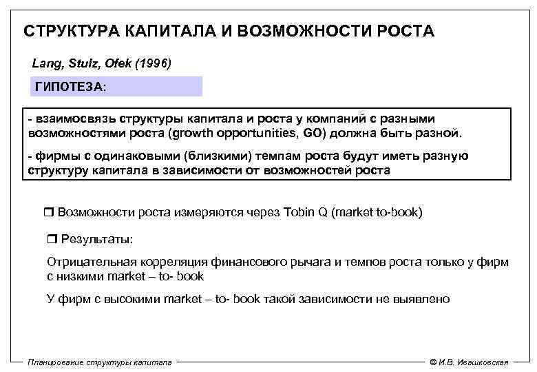 СТРУКТУРА КАПИТАЛА И ВОЗМОЖНОСТИ РОСТА Lang, Stulz, Ofek (1996) ГИПОТЕЗА: - взаимосвязь структуры капитала