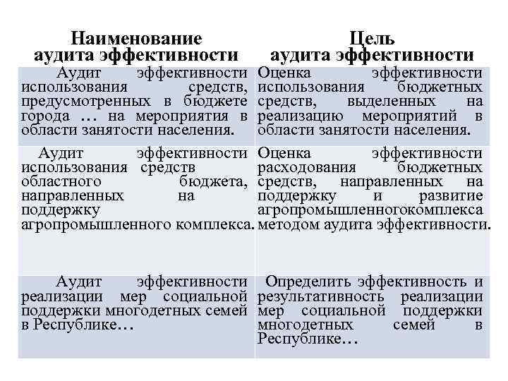Наименование аудита эффективности Цель аудита эффективности Аудит эффективности реализации мер социальной поддержки многодетных семей