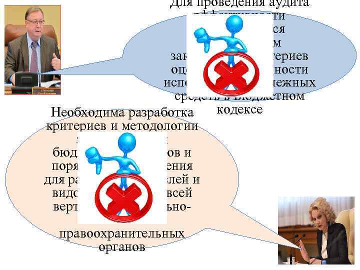 Для проведения аудита эффективности представляется необходимым закрепление критериев оценки эффективности использования денежных средств в