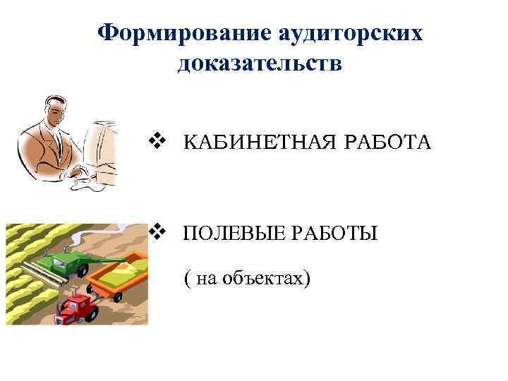  Формирование аудиторских доказательств v КАБИНЕТНАЯ РАБОТА v ПОЛЕВЫЕ РАБОТЫ ( на объектах) 
