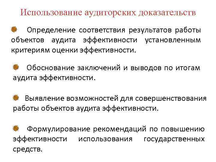 Использование аудиторских доказательств Определение соответствия результатов работы объектов аудита эффективности установленным критериям оценки эффективности.