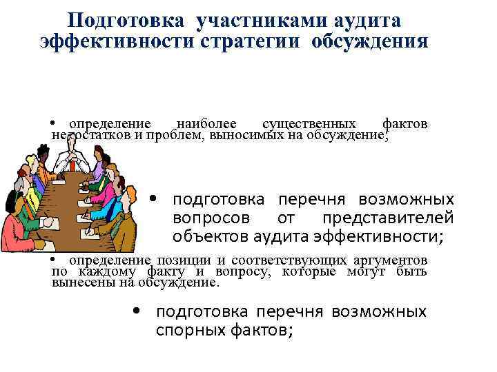  Подготовка участниками аудита эффективности стратегии обсуждения • определение наиболее существенных фактов недостатков и