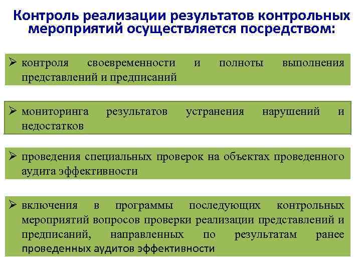 Контроль реализации результатов контрольных мероприятий осуществляется посредством: Ø контроля своевременности представлений и предписаний и